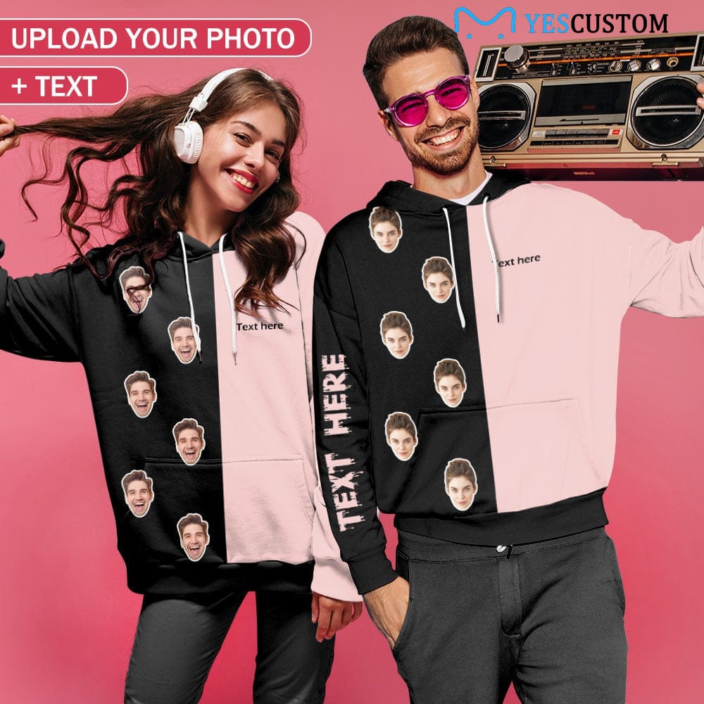 Custom Custom Face & Text Black And Pink Hoodie Personalized Big Face Loose Cool Hoodie Designs Top Outfits Plus Size for Him Her - YesCustom