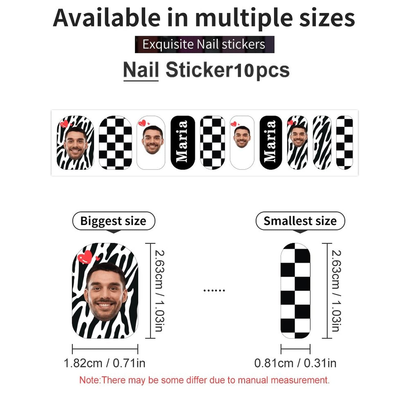 Custom Custom Face & Text Black White Nail Stickers 5pcs Personalized Nail Stickers for Women - YesCustom