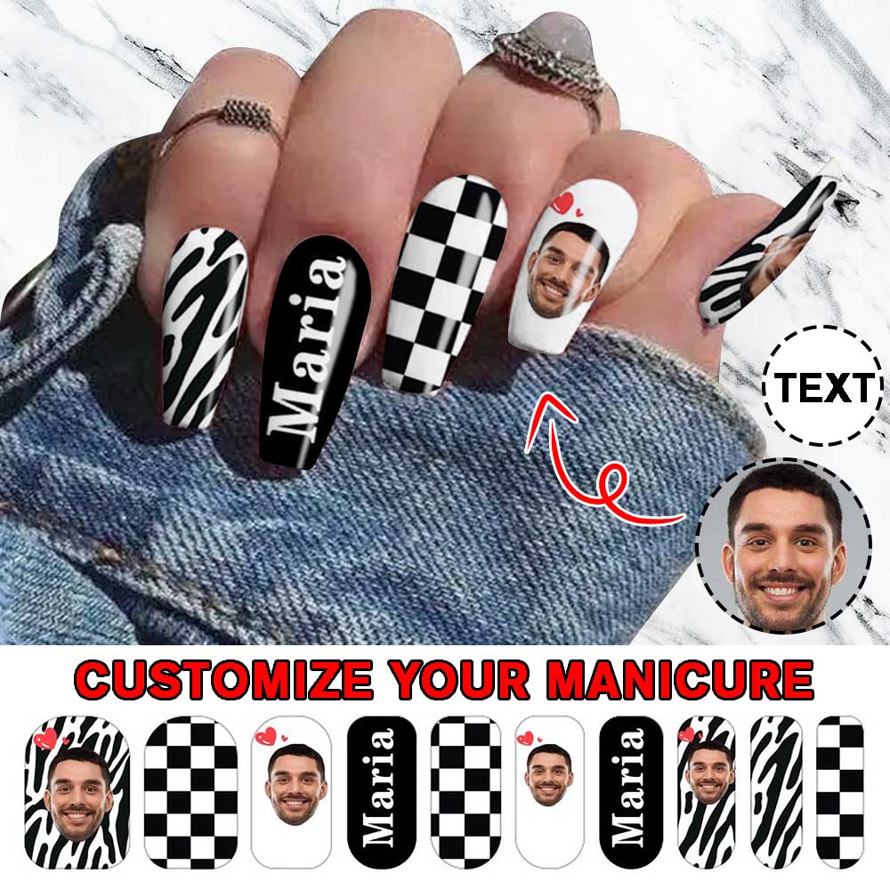 Custom Custom Face & Text Black White Nail Stickers 5pcs Personalized Nail Stickers for Women - YesCustom