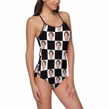 Custom Custom Husband Face Swimsuit Black&White Grid Personalized Women's Slip One Piece Bathing Suit Gift For Her - YesCustom
