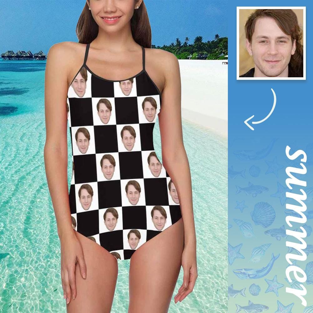 Custom Custom Husband Face Swimsuit Black&White Grid Personalized Women's Slip One Piece Bathing Suit Gift For Her - YesCustom