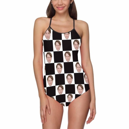 Custom Custom Husband Face Swimsuit Black&White Grid Personalized Women's Slip One Piece Bathing Suit Gift For Her - YesCustom