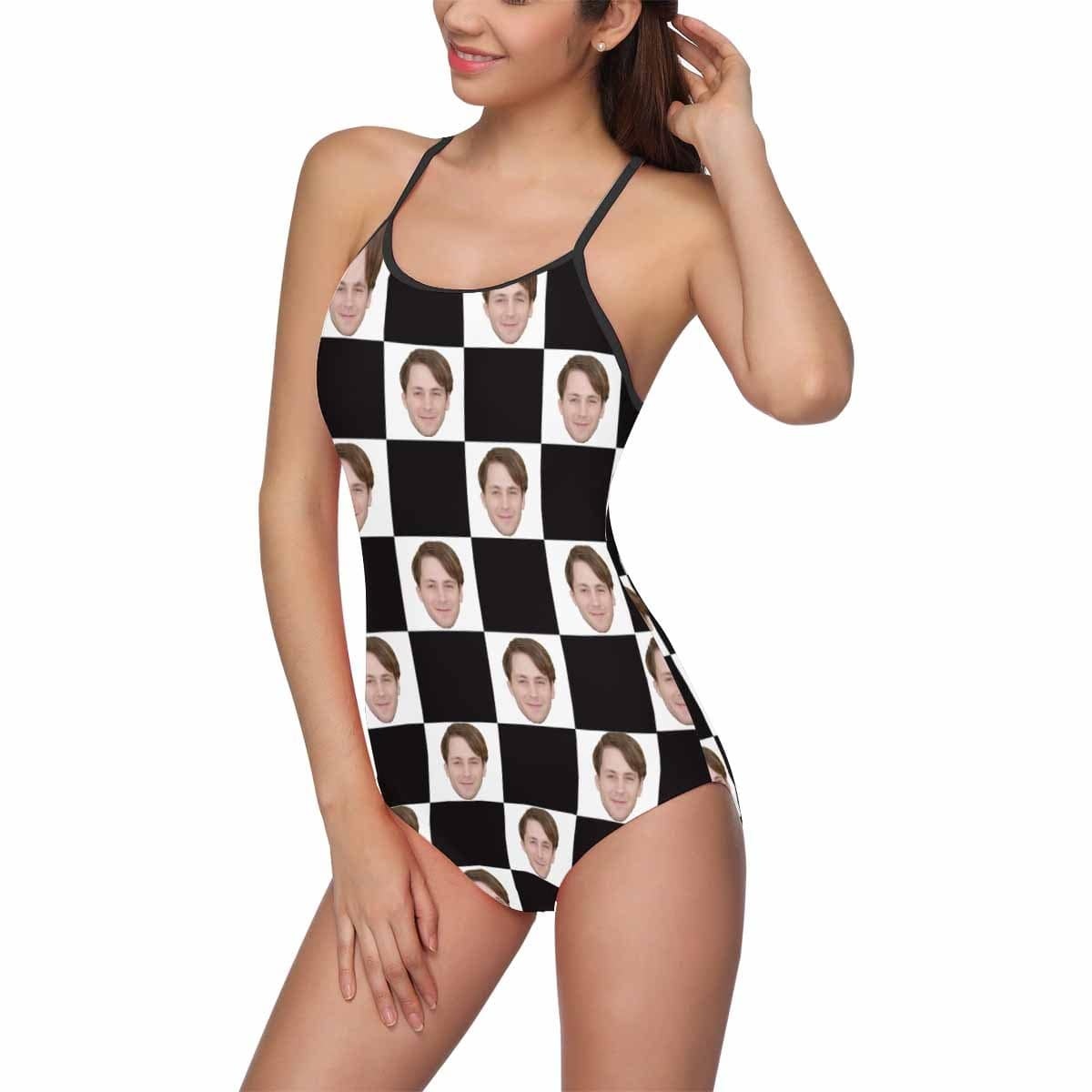 Custom Custom Husband Face Swimsuit Black&White Grid Personalized Women's Slip One Piece Bathing Suit Gift For Her - YesCustom