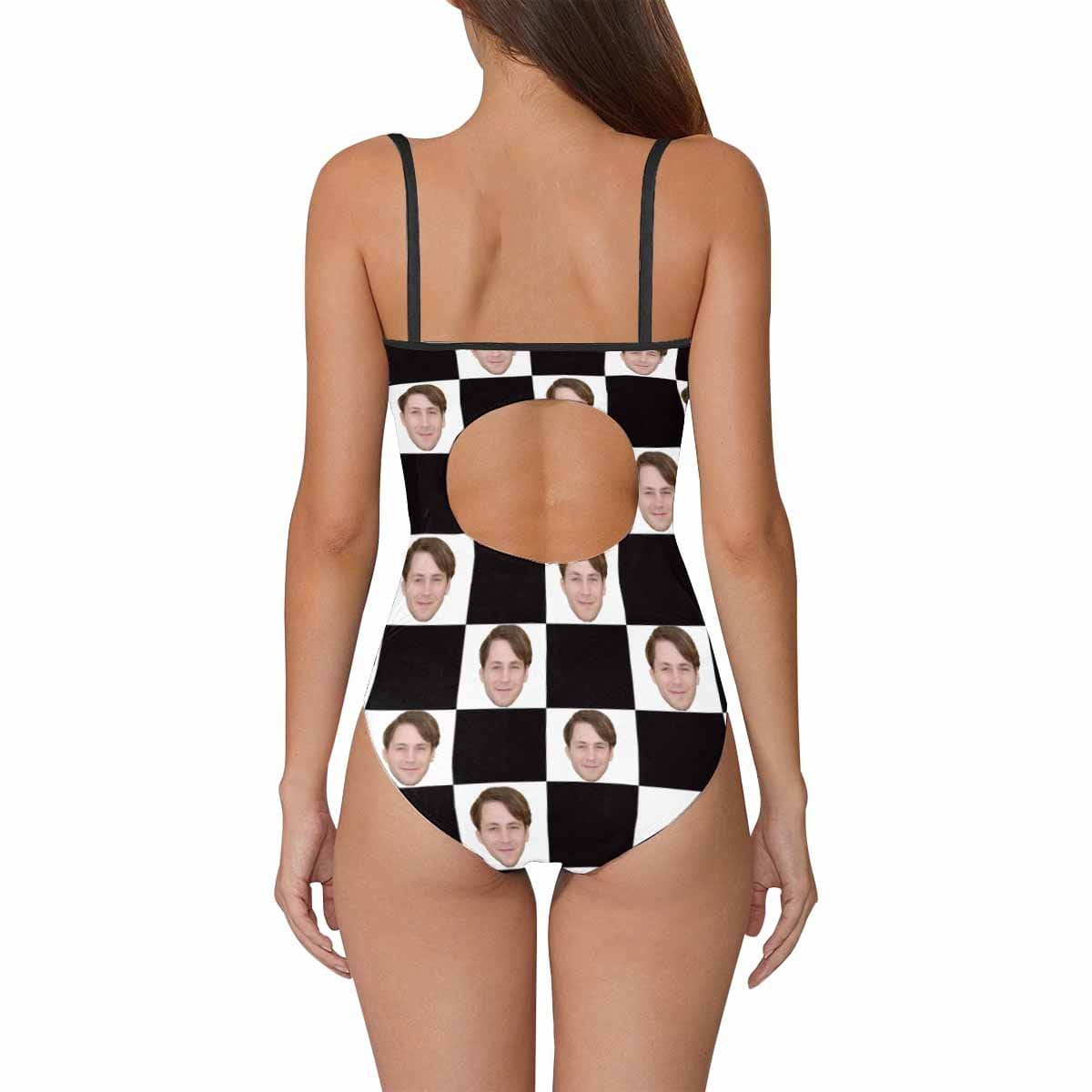 Custom Custom Husband Face Swimsuit Black&White Grid Personalized Women's Slip One Piece Bathing Suit Gift For Her - YesCustom