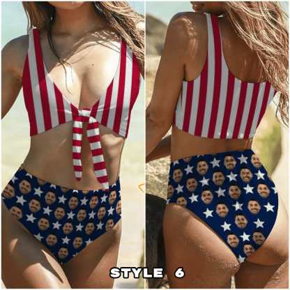 Custom #Different American Style Custom Flag Swimsuit Personalized Face American Flag Plus Size Face Swimwear Women's Photo Slip One Piece Tank Top Bathing Swimsuit - YesCustom