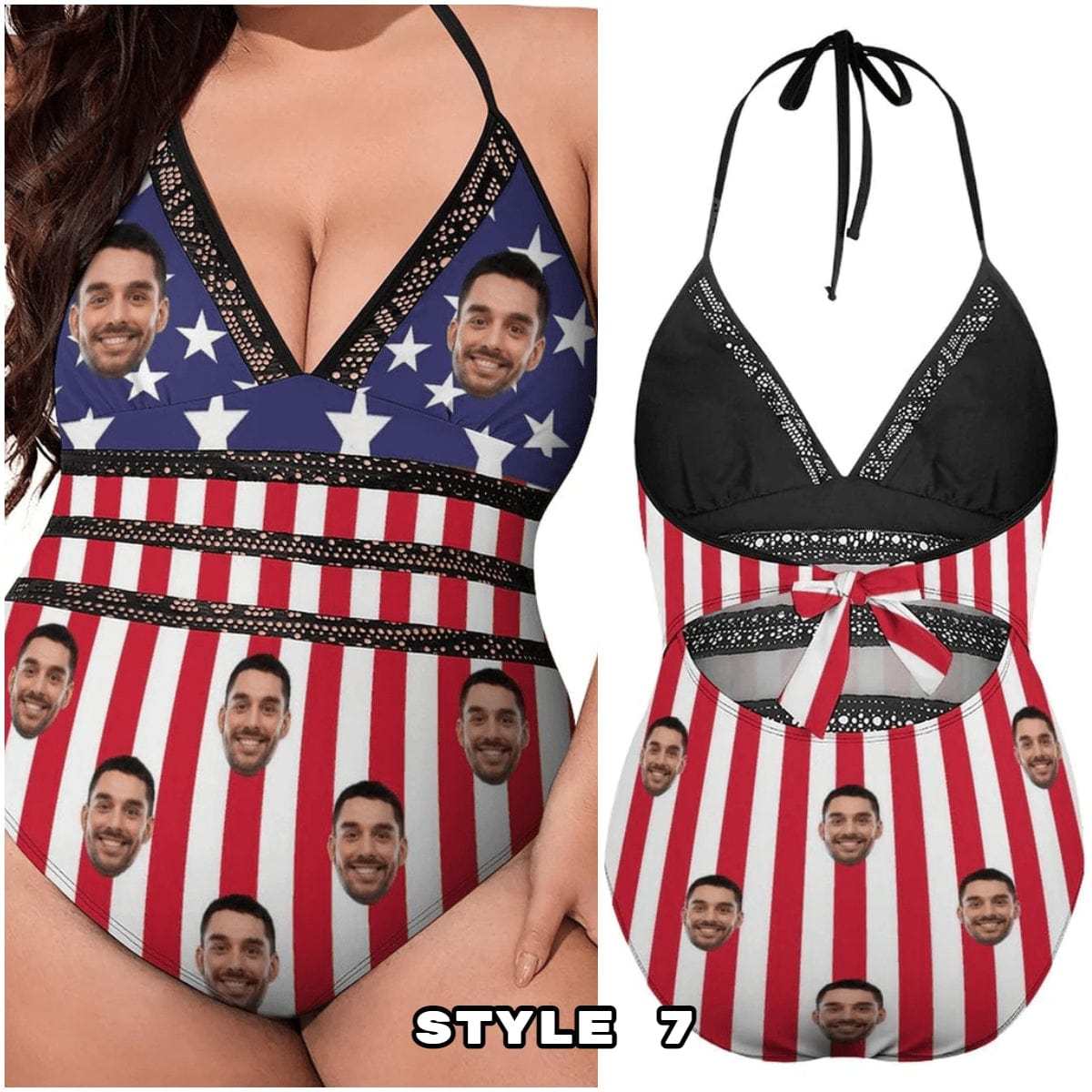 Custom #Different American Style Custom Flag Swimsuit Personalized Face American Flag Plus Size Face Swimwear Women's Photo Slip One Piece Tank Top Bathing Swimsuit - YesCustom