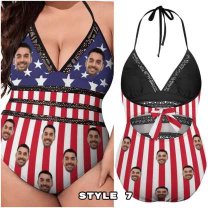 Custom #Different American Style Custom Flag Swimsuit Personalized Face American Flag Plus Size Face Swimwear Women's Photo Slip One Piece Tank Top Bathing Swimsuit - YesCustom
