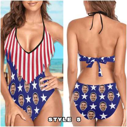 Custom #Different American Style Custom Flag Swimsuit Personalized Face American Flag Plus Size Face Swimwear Women's Photo Slip One Piece Tank Top Bathing Swimsuit - YesCustom