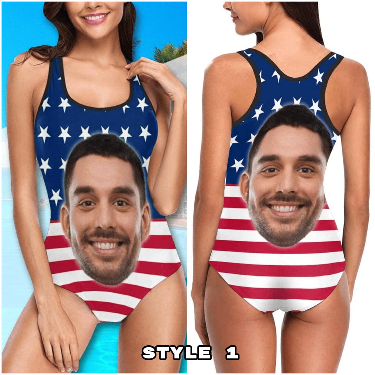 Custom #Different American Style Custom Flag Swimsuit Personalized Face American Flag Plus Size Face Swimwear Women's Photo Slip One Piece Tank Top Bathing Swimsuit - YesCustom