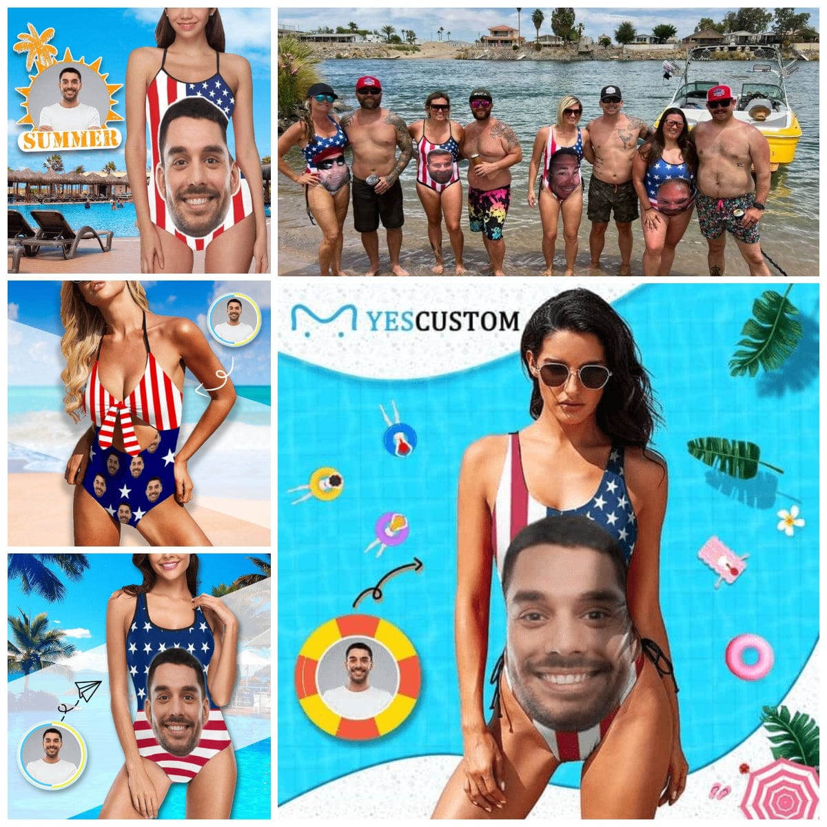 Custom #Different American Style Custom Flag Swimsuit Personalized Face American Flag Plus Size Face Swimwear Women's Photo Slip One Piece Tank Top Bathing Swimsuit - YesCustom