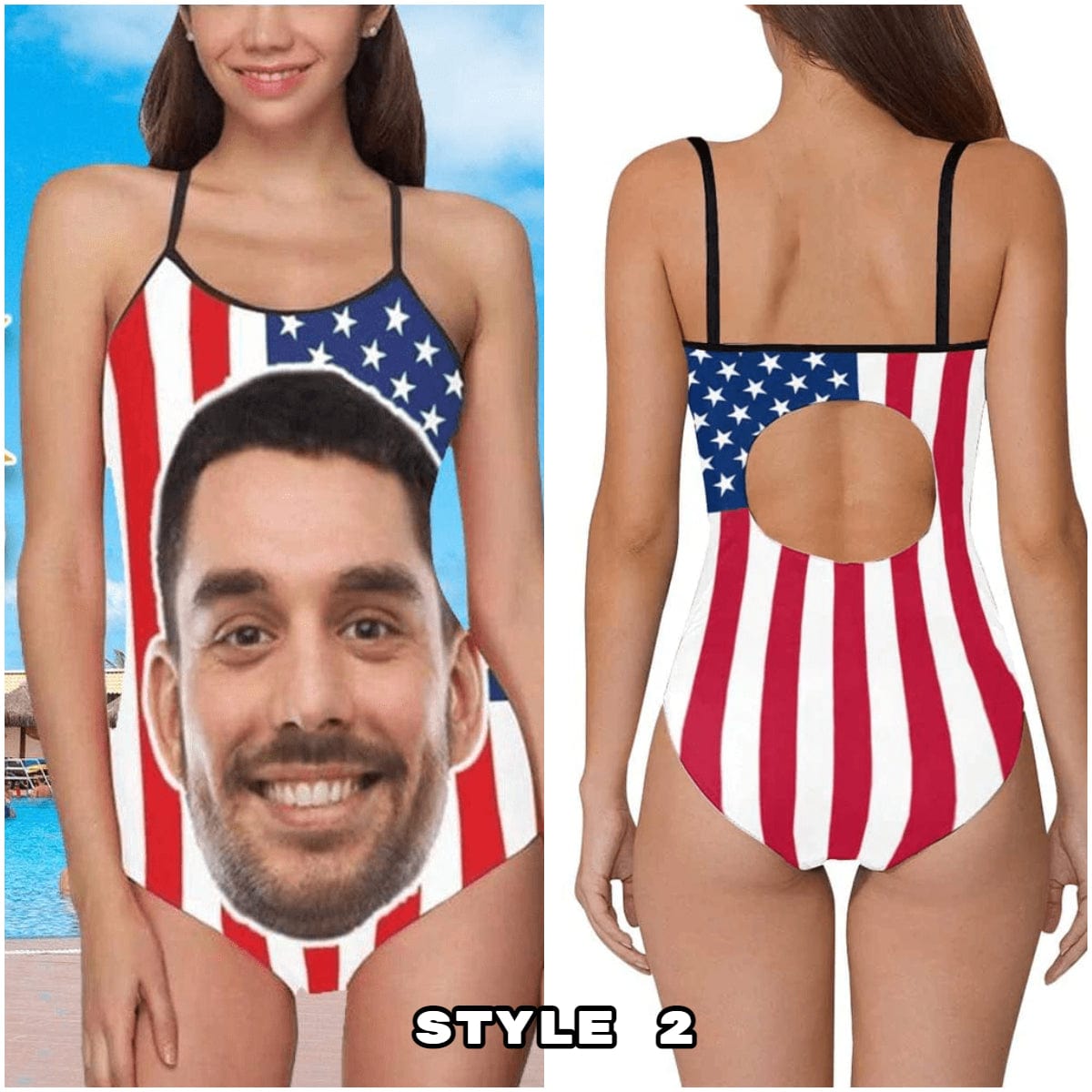 Custom #Different American Style Custom Flag Swimsuit Personalized Face American Flag Plus Size Face Swimwear Women's Photo Slip One Piece Tank Top Bathing Swimsuit - YesCustom