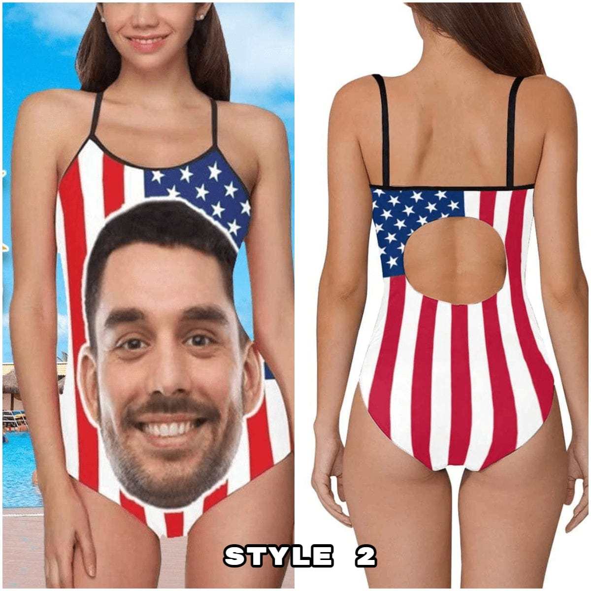 Custom #Different American Style Custom Flag Swimsuit Personalized Face American Flag Plus Size Face Swimwear Women's Photo Slip One Piece Tank Top Bathing Swimsuit - YesCustom