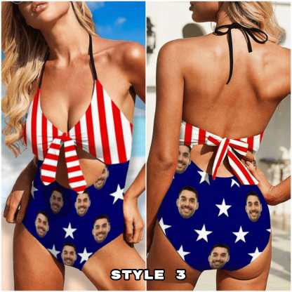 Custom #Different American Style Custom Flag Swimsuit Personalized Face American Flag Plus Size Face Swimwear Women's Photo Slip One Piece Tank Top Bathing Swimsuit - YesCustom