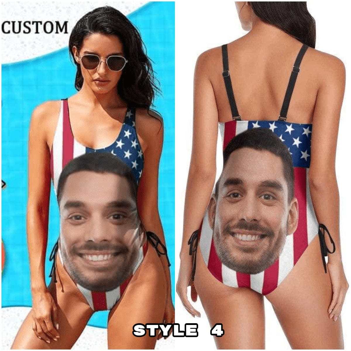 Custom #Different American Style Custom Flag Swimsuit Personalized Face American Flag Plus Size Face Swimwear Women's Photo Slip One Piece Tank Top Bathing Swimsuit - YesCustom