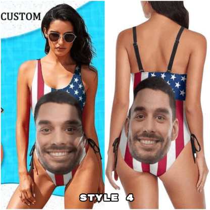 Custom #Different American Style Custom Flag Swimsuit Personalized Face American Flag Plus Size Face Swimwear Women's Photo Slip One Piece Tank Top Bathing Swimsuit - YesCustom
