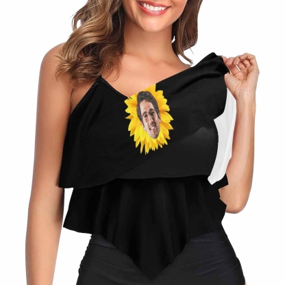 Custom #Double Ruffle Bikini Top-Custom Face Women's Sunflower Ruffle Bikini Swimsuit Double Ruffled Swim Top - YesCustom