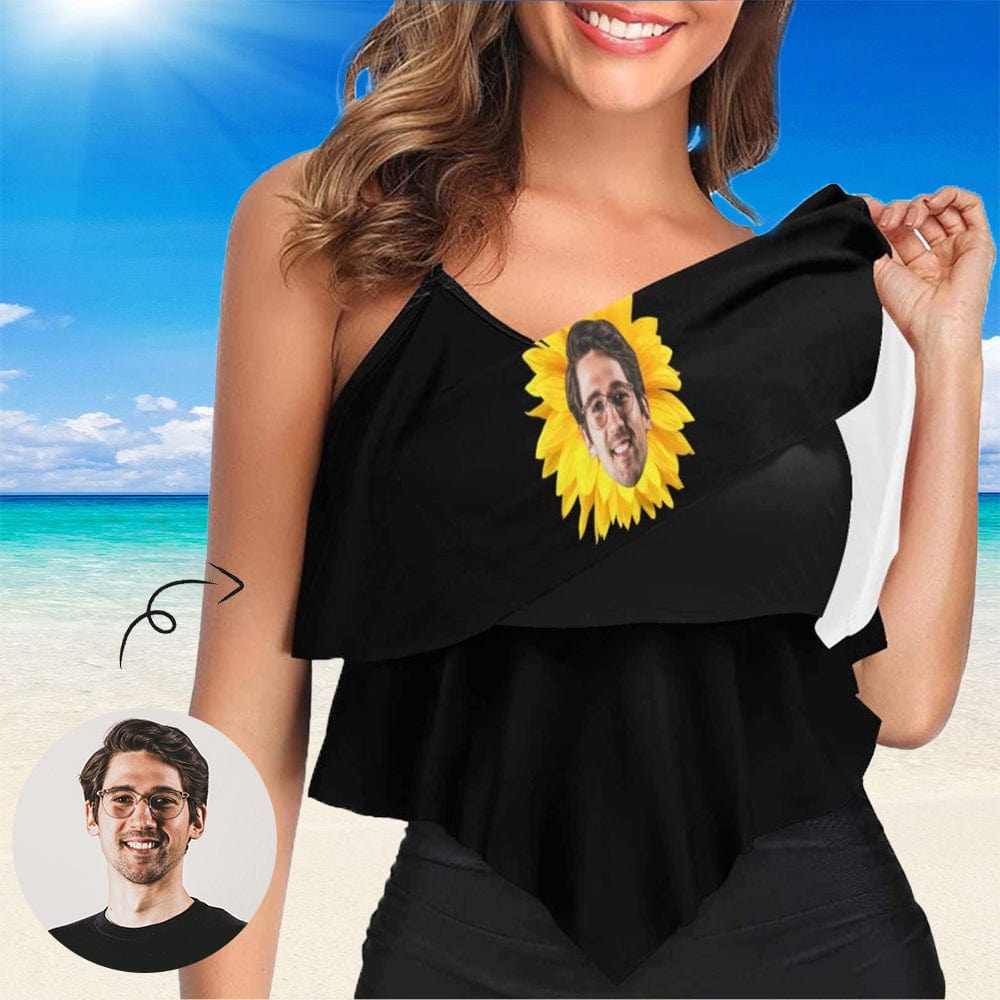 Custom #Double Ruffle Bikini Top-Custom Face Women's Sunflower Ruffle Bikini Swimsuit Double Ruffled Swim Top - YesCustom