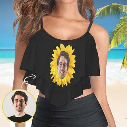 Custom #Double Ruffle Bikini Top-Custom Face Women's Sunflower Ruffle Bikini Swimsuit Double Ruffled Swim Top - YesCustom