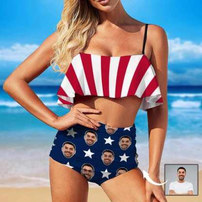 Custom #Family Summer Travel Outfits-Custom Face Stars and Stripes Summer Travels Outfits Family Matching Swimsuit Bikini Set & Swim Trunks & Beach Towel - YesCustom