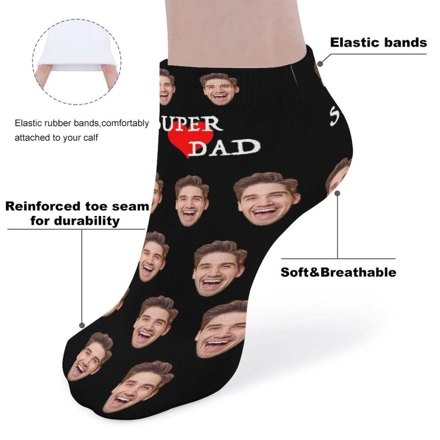 Custom #Father's Gift-Personalized Dad Socks Custom Face Super Dad Heart Black Background Ankle Socks For Australian Father's Day - YesCustom