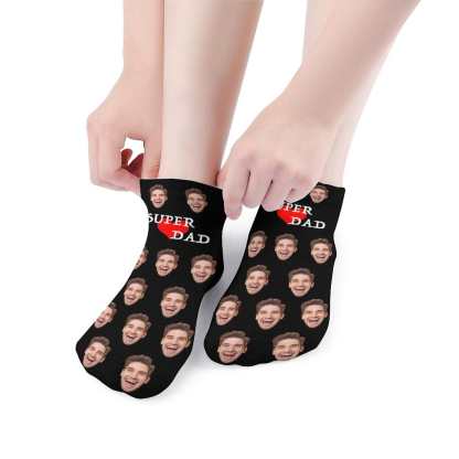Custom #Father's Gift-Personalized Dad Socks Custom Face Super Dad Heart Black Background Ankle Socks For Australian Father's Day - YesCustom