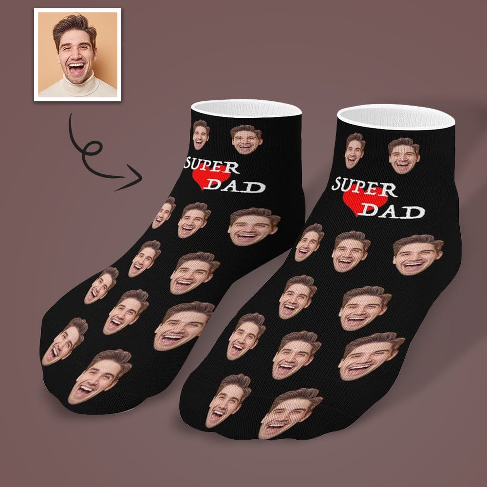 Custom #Father's Gift-Personalized Dad Socks Custom Face Super Dad Heart Black Background Ankle Socks For Australian Father's Day - YesCustom