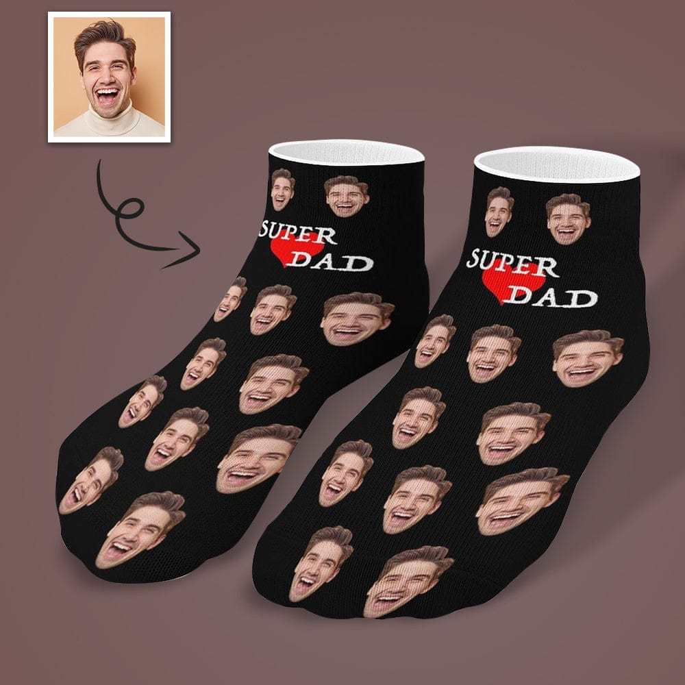 Custom #Father's Gift-Personalized Dad Socks Custom Face Super Dad Heart Black Background Ankle Socks For Australian Father's Day - YesCustom