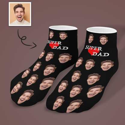 Custom #Father's Gift-Personalized Dad Socks Custom Face Super Dad Heart Black Background Ankle Socks For Australian Father's Day - YesCustom