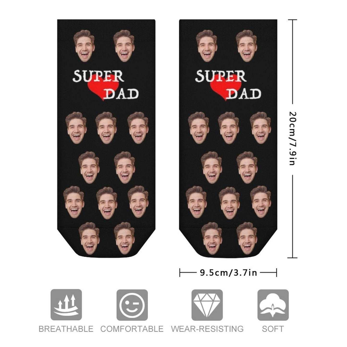 Custom #Father's Gift-Personalized Dad Socks Custom Face Super Dad Heart Black Background Ankle Socks For Australian Father's Day - YesCustom
