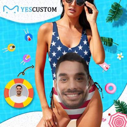 Custom #Flagbathingsuit-Custom Face American Flag Swimsuit Personalized Women's New Drawstring Side One Piece Bathing Suit Celebrate Holiday - YesCustom
