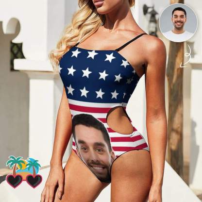 Custom #Flagbathingsuit#Independence Day-Custom Face Stars Stripes Swimsuit Personalized Women's Open Waist One Piece Bathing Suit Celebrate Holiday - YesCustom