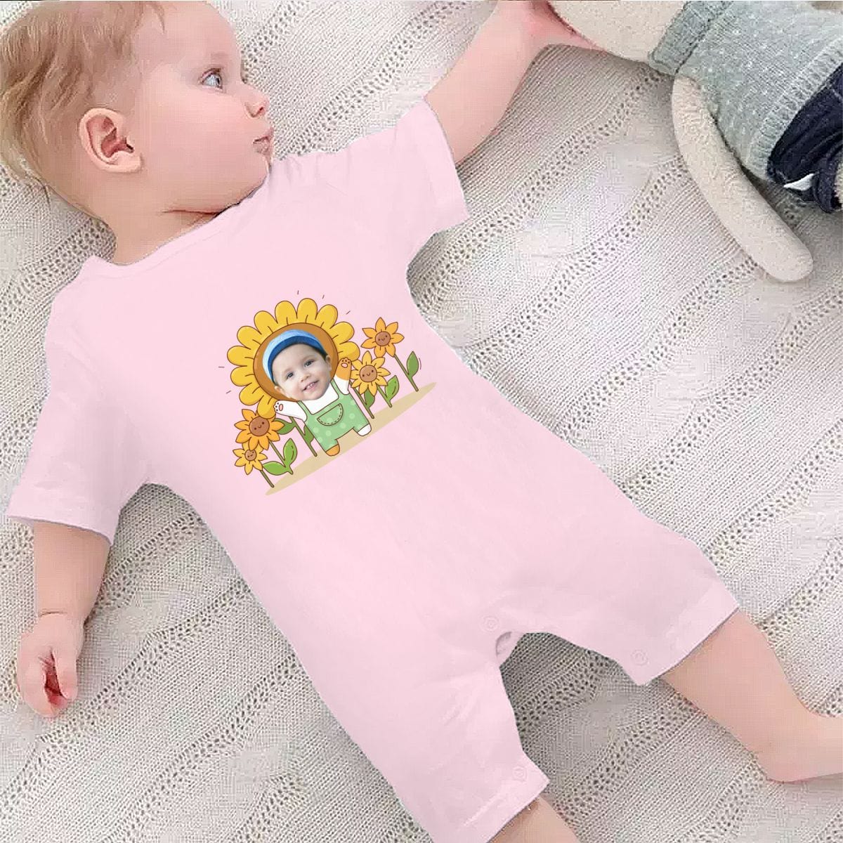 Custom #For 0-2T-Custom Face Sunflower Baby Short Sleeve Rompers 100% Organic Cotton Jumpsuit One-piece Coverall and Layette Set - YesCustom