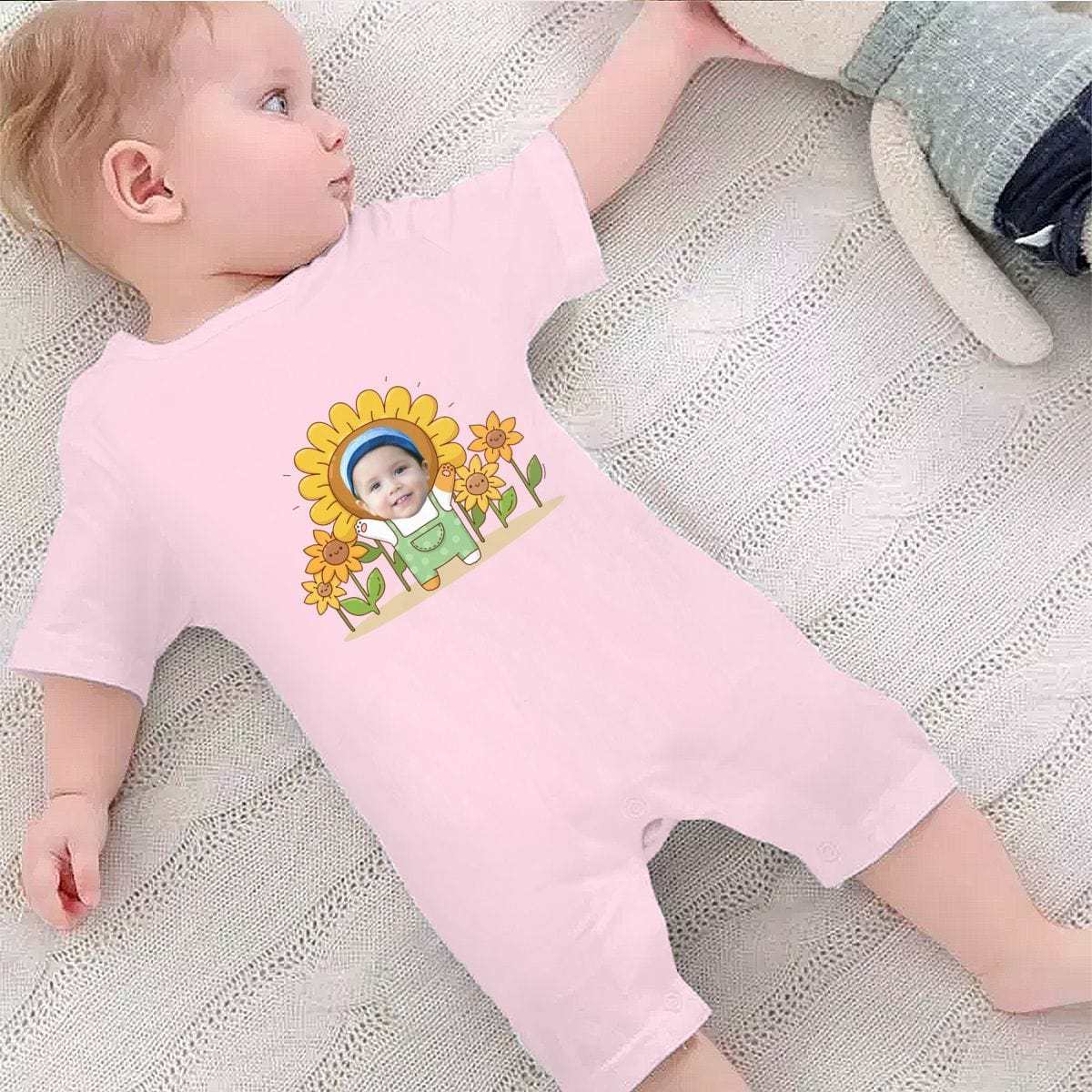 Custom #For 0-2T-Custom Face Sunflower Baby Short Sleeve Rompers 100% Organic Cotton Jumpsuit One-piece Coverall and Layette Set - YesCustom