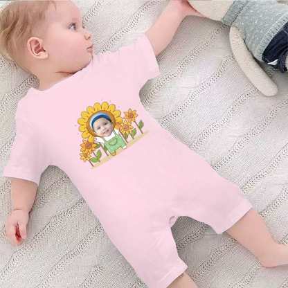 Custom #For 0-2T-Custom Face Sunflower Baby Short Sleeve Rompers 100% Organic Cotton Jumpsuit One-piece Coverall and Layette Set - YesCustom