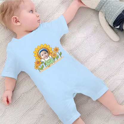 Custom #For 0-2T-Custom Face Sunflower Baby Short Sleeve Rompers 100% Organic Cotton Jumpsuit One-piece Coverall and Layette Set - YesCustom