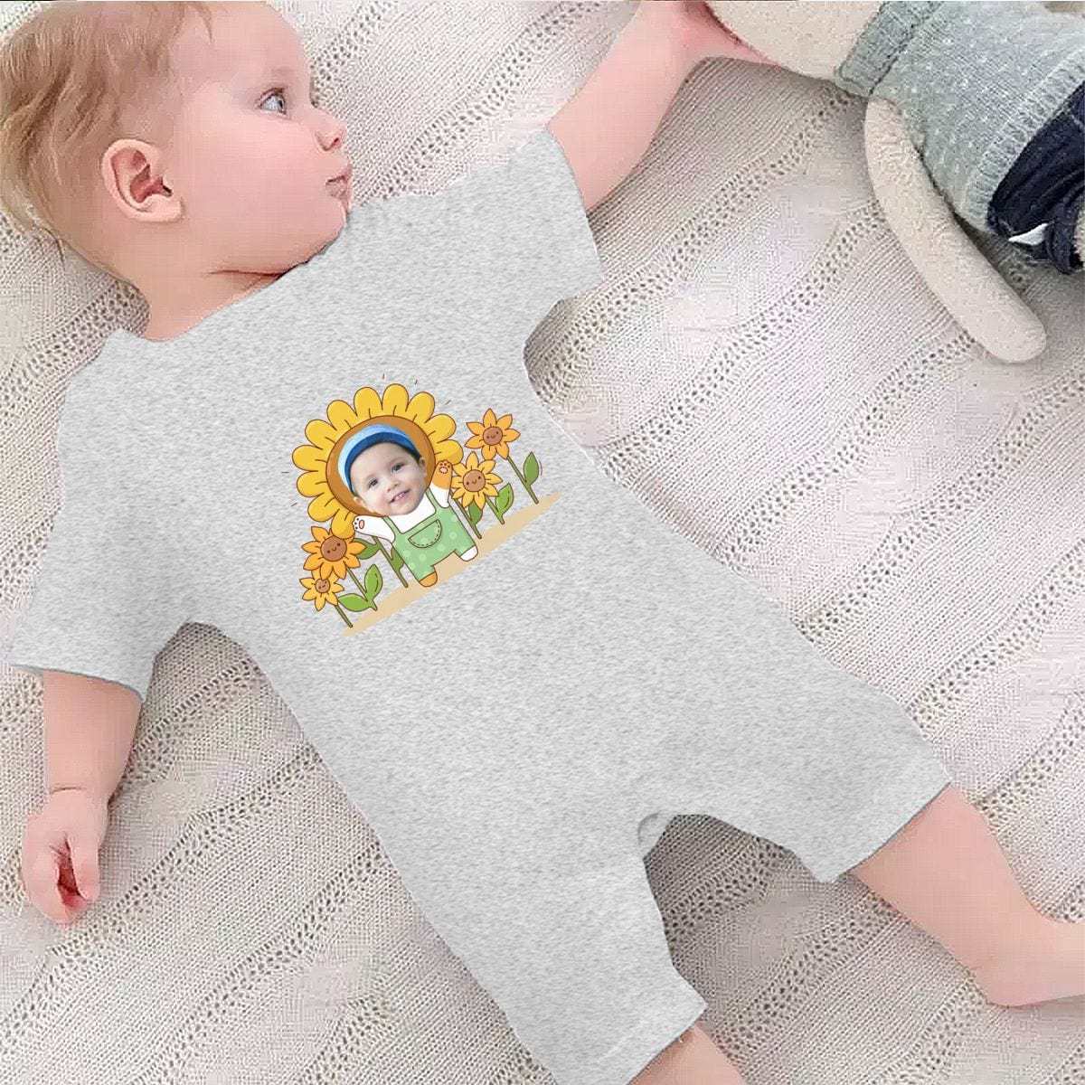 Custom #For 0-2T-Custom Face Sunflower Baby Short Sleeve Rompers 100% Organic Cotton Jumpsuit One-piece Coverall and Layette Set - YesCustom