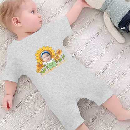 Custom #For 0-2T-Custom Face Sunflower Baby Short Sleeve Rompers 100% Organic Cotton Jumpsuit One-piece Coverall and Layette Set - YesCustom