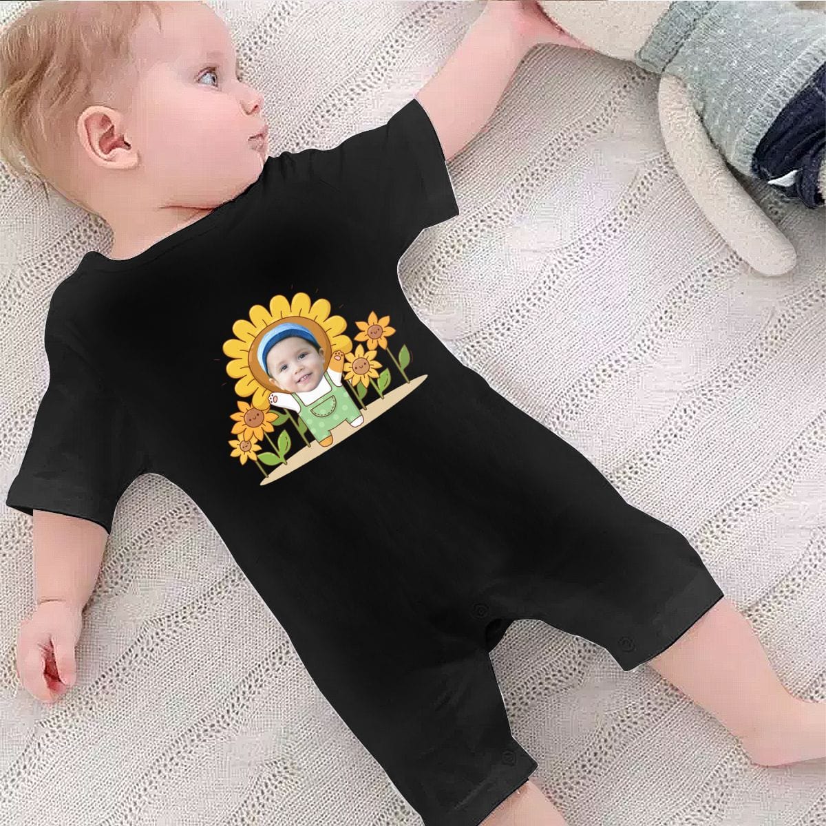Custom #For 0-2T-Custom Face Sunflower Baby Short Sleeve Rompers 100% Organic Cotton Jumpsuit One-piece Coverall and Layette Set - YesCustom