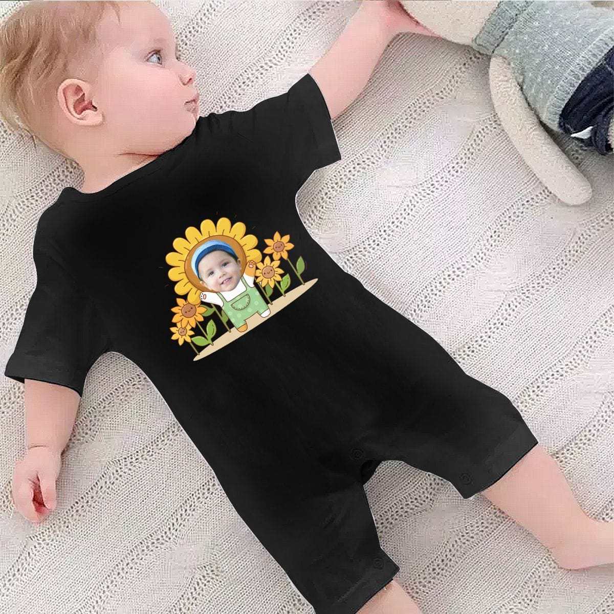 Custom #For 0-2T-Custom Face Sunflower Baby Short Sleeve Rompers 100% Organic Cotton Jumpsuit One-piece Coverall and Layette Set - YesCustom