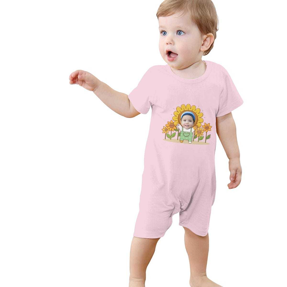 Custom #For 0-2T-Custom Face Sunflower Baby Short Sleeve Rompers 100% Organic Cotton Jumpsuit One-piece Coverall and Layette Set - YesCustom