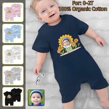 Custom #For 0-2T-Custom Face Sunflower Baby Short Sleeve Rompers 100% Organic Cotton Jumpsuit One-piece Coverall and Layette Set - YesCustom