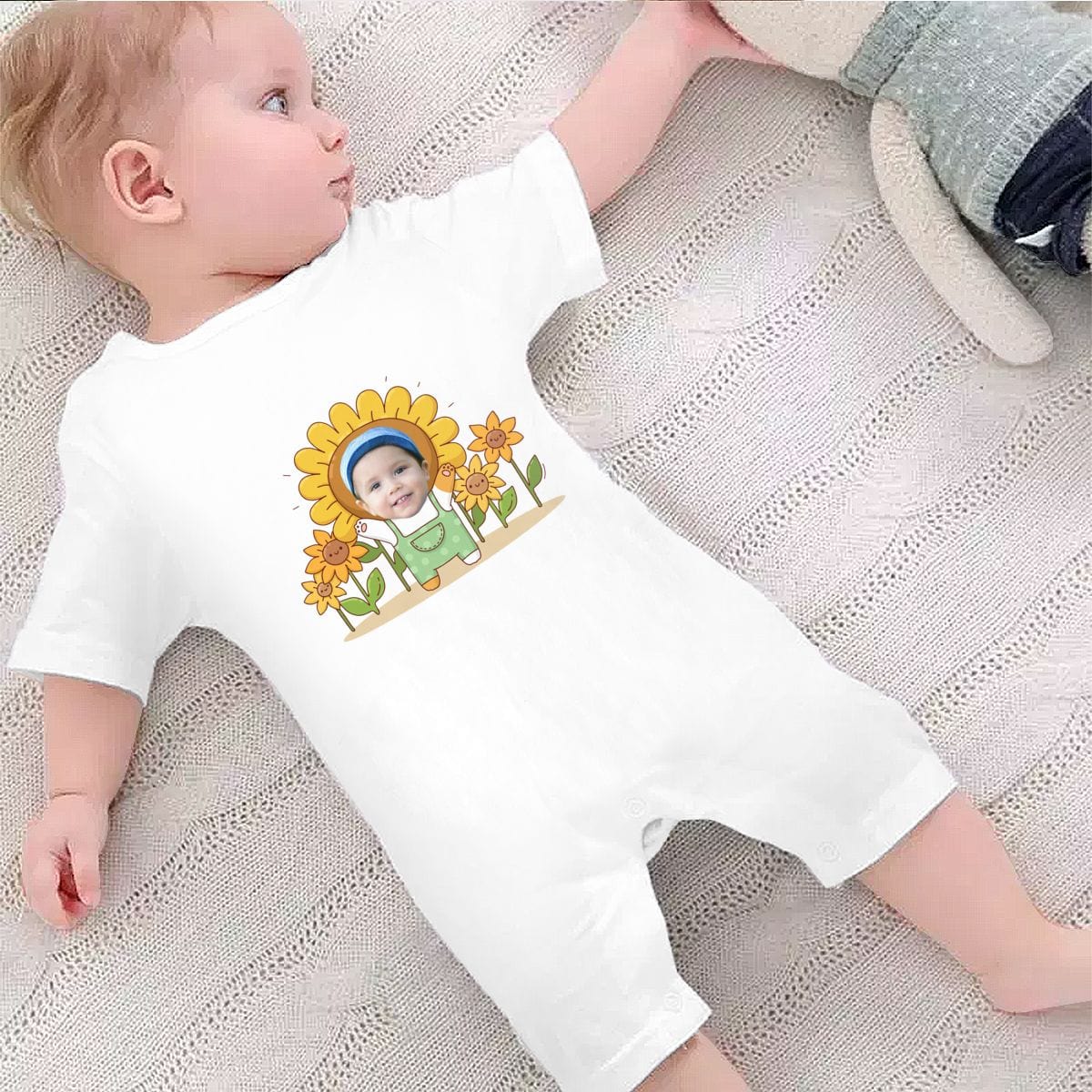 Custom #For 0-2T-Custom Face Sunflower Baby Short Sleeve Rompers 100% Organic Cotton Jumpsuit One-piece Coverall and Layette Set - YesCustom