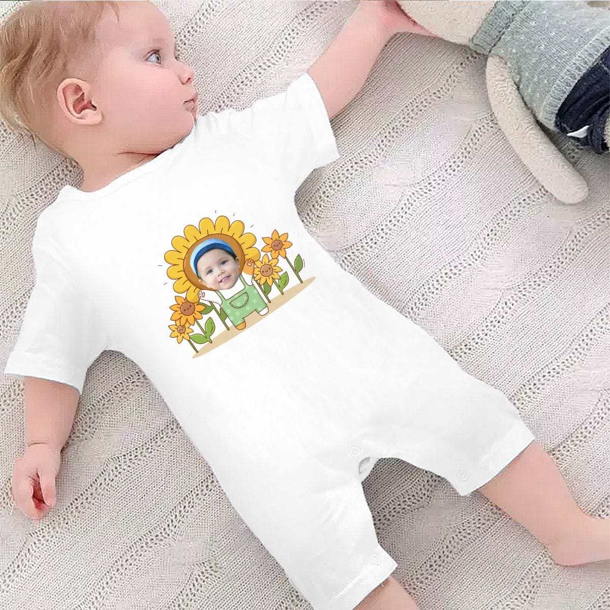 Custom #For 0-2T-Custom Face Sunflower Baby Short Sleeve Rompers 100% Organic Cotton Jumpsuit One-piece Coverall and Layette Set - YesCustom