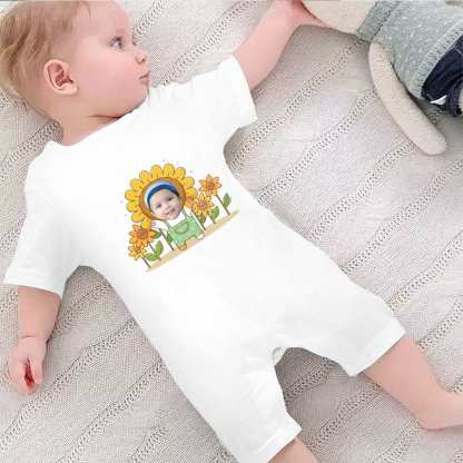 Custom #For 0-2T-Custom Face Sunflower Baby Short Sleeve Rompers 100% Organic Cotton Jumpsuit One-piece Coverall and Layette Set - YesCustom