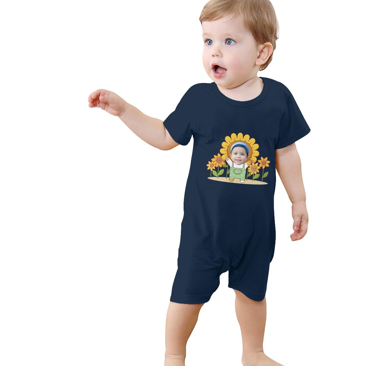 Custom #For 0-2T-Custom Face Sunflower Baby Short Sleeve Rompers 100% Organic Cotton Jumpsuit One-piece Coverall and Layette Set - YesCustom