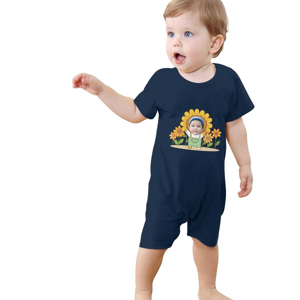 Custom #For 0-2T-Custom Face Sunflower Baby Short Sleeve Rompers 100% Organic Cotton Jumpsuit One-piece Coverall and Layette Set - YesCustom