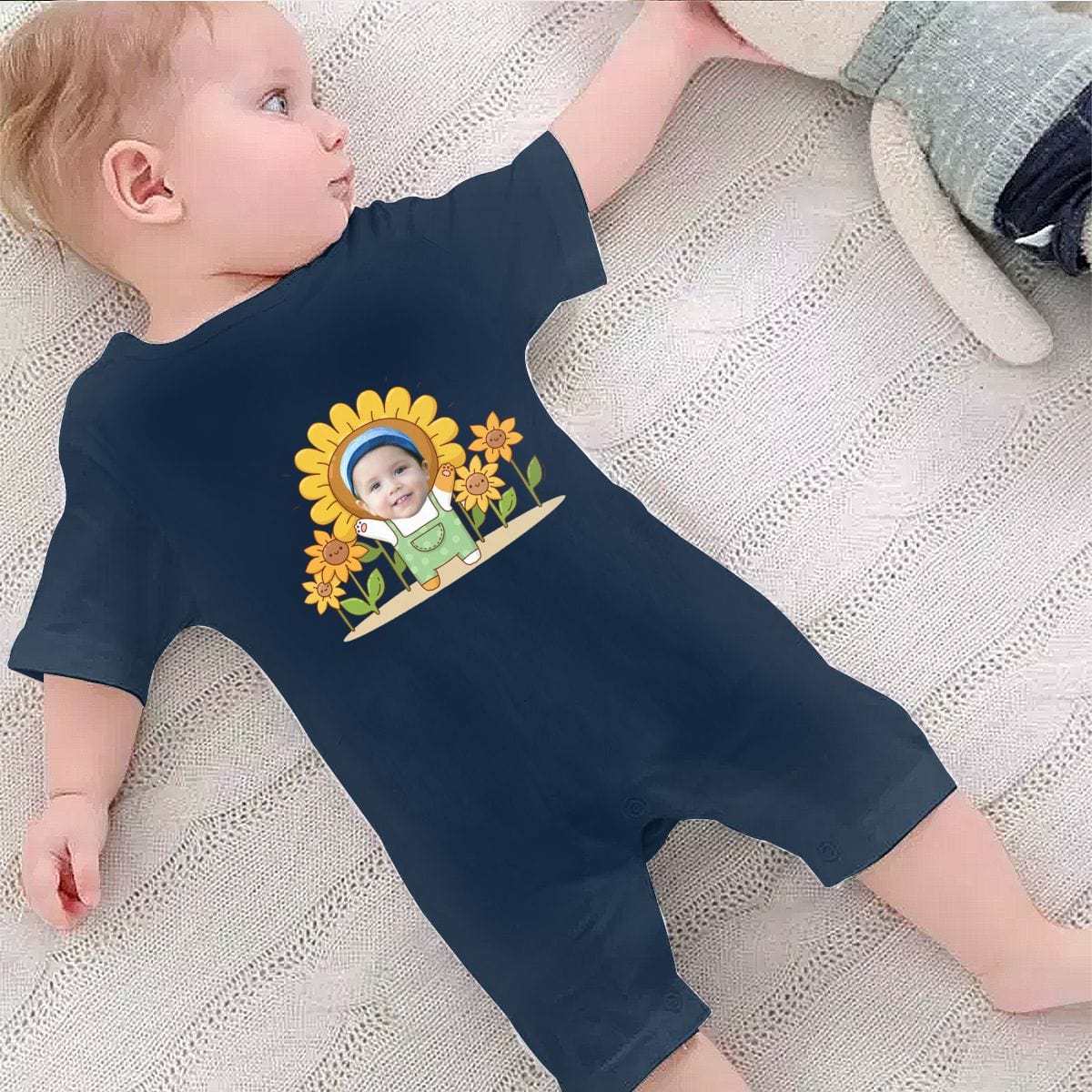 Custom #For 0-2T-Custom Face Sunflower Baby Short Sleeve Rompers 100% Organic Cotton Jumpsuit One-piece Coverall and Layette Set - YesCustom