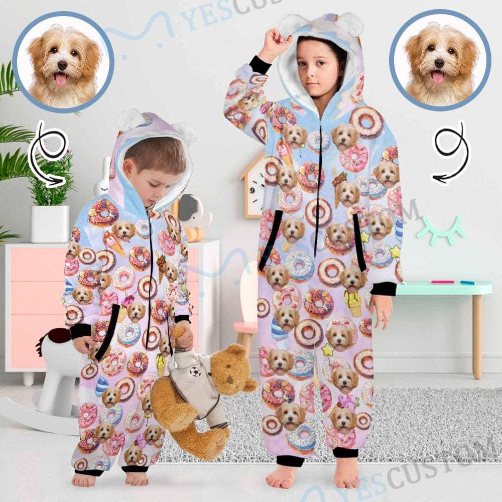Custom #For 2-15Y-Custom Face Donut Children's Coral Fleece Comfortable And Warm Zipper Onesie Pajamas One Piece Sleepwear - YesCustom