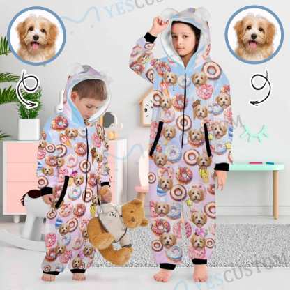 Custom #For 2-15Y-Custom Face Donut Children's Coral Fleece Comfortable And Warm Zipper Onesie Pajamas One Piece Sleepwear - YesCustom