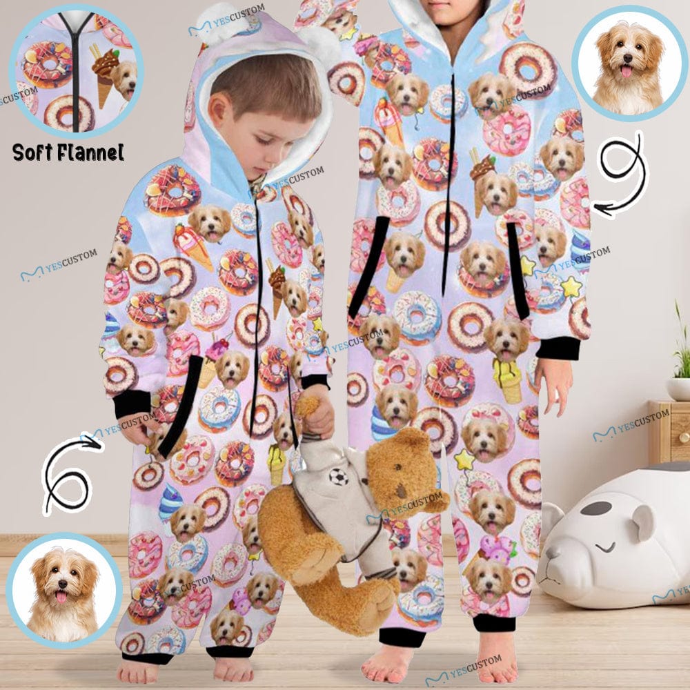 Custom #For 2-15Y-Custom Face Donut Children's Coral Fleece Comfortable And Warm Zipper Onesie Pajamas One Piece Sleepwear - YesCustom